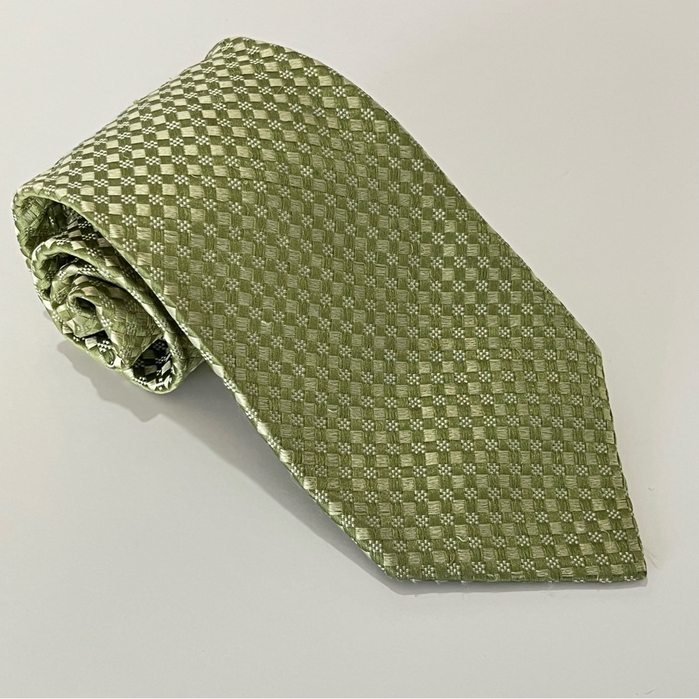 Michael Kors 100% Silk Necktie Lime Green Checkered Textured 3.75” Wide USA